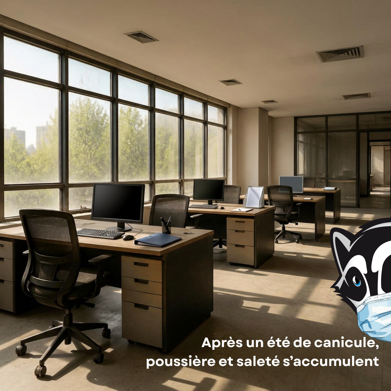 La poussière s'est accumulée durant les vacances d'été. Les vitres sont opacifiées par la saleté.